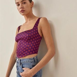 Reformation Sorrento corset top, purple satin with orange flowers.